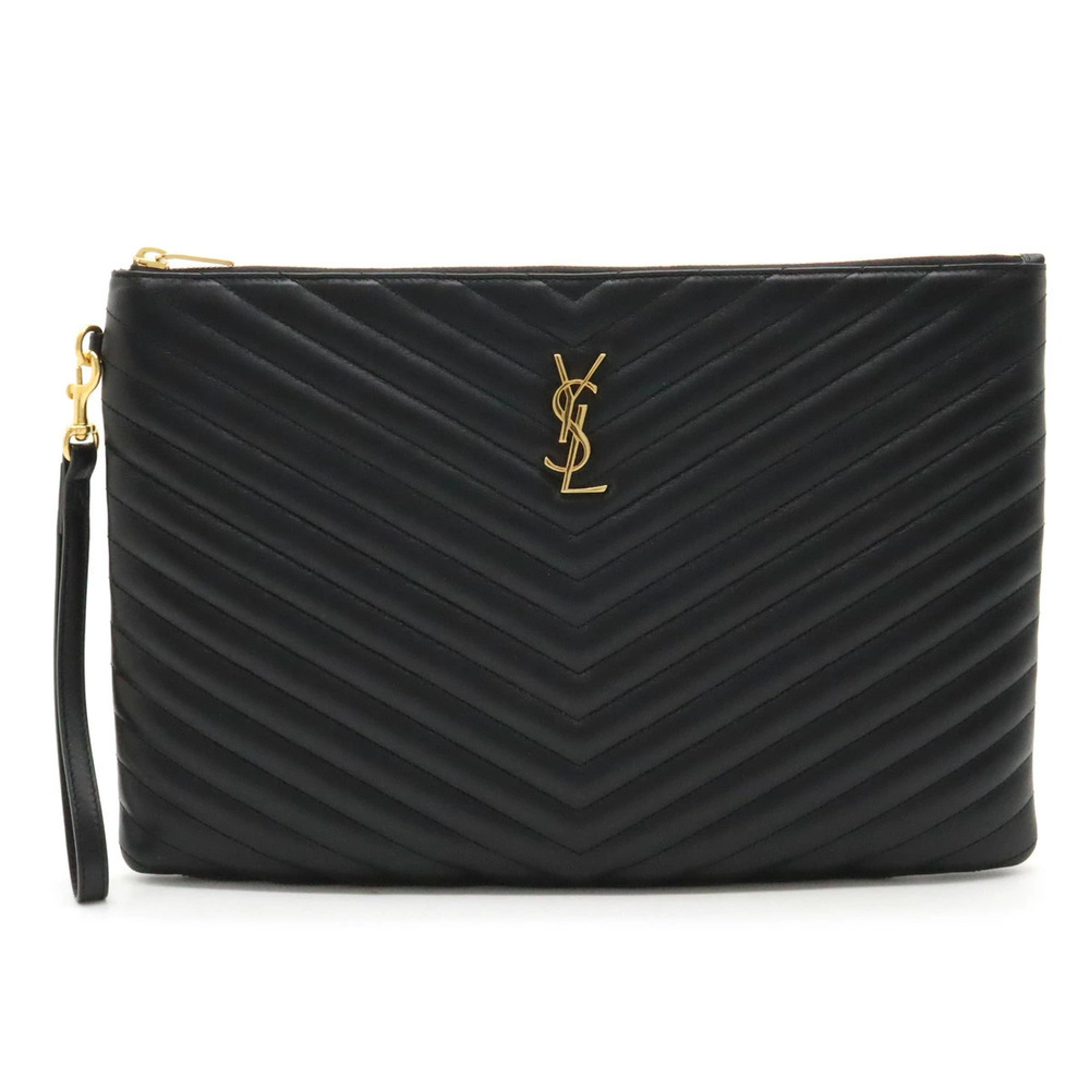 SAINT LAURENT PARIS YSL Yves Monogram Clutch Bag Leather Black